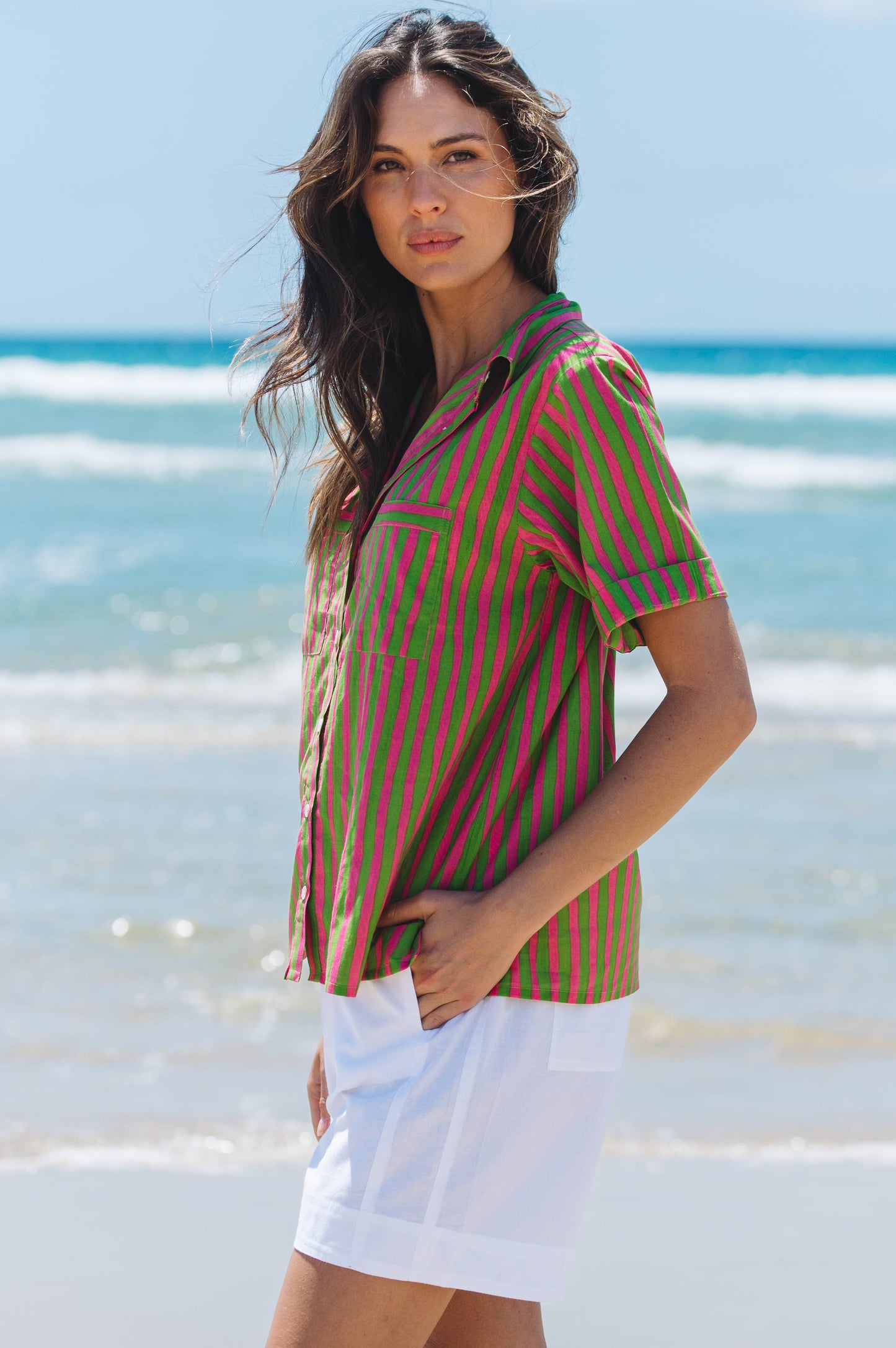Shirt Maya - Hand Painted Stripe Pink and Green