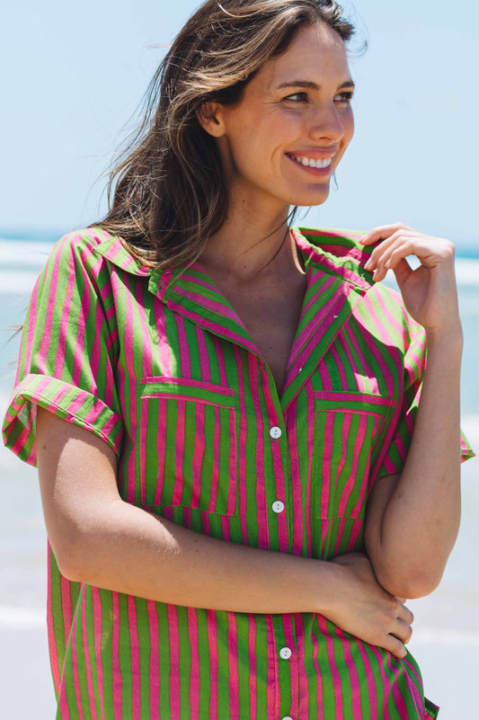 Shirt Maya - Hand Painted Stripe Pink and Green