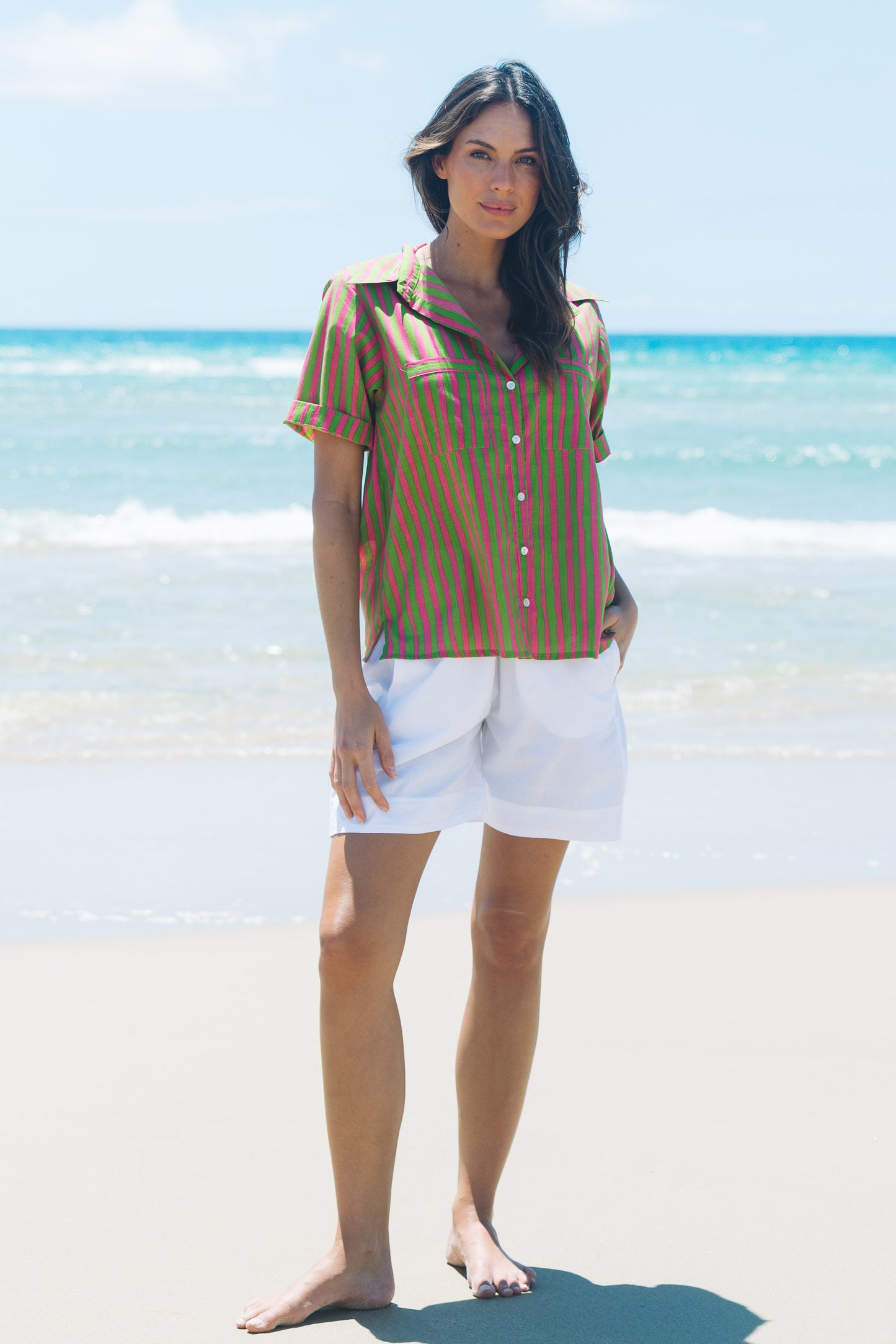 Shirt Maya - Hand Painted Stripe Pink and Green