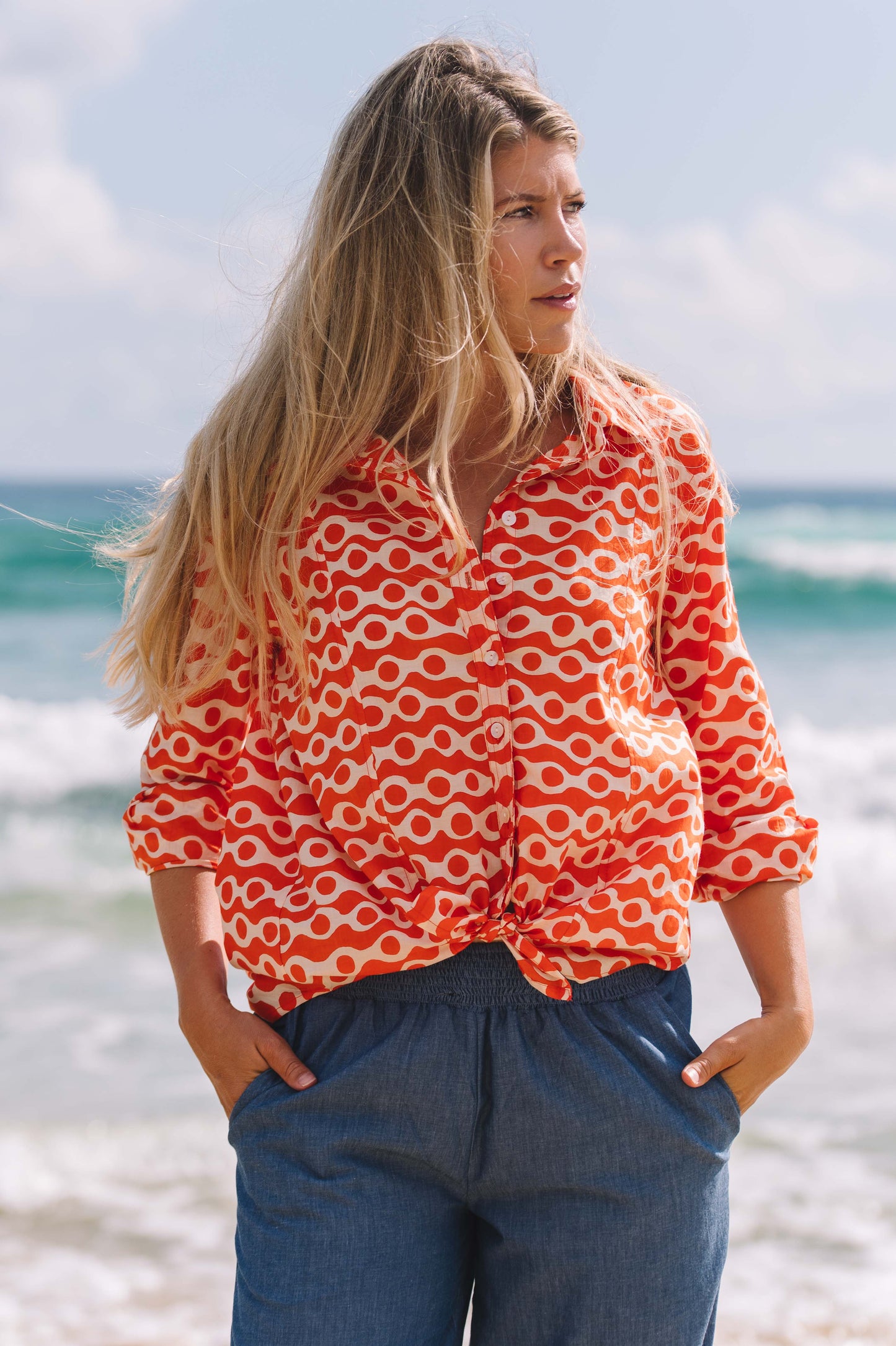 Top Clio Shirt - Anouk Papaya and Ecru Cotton