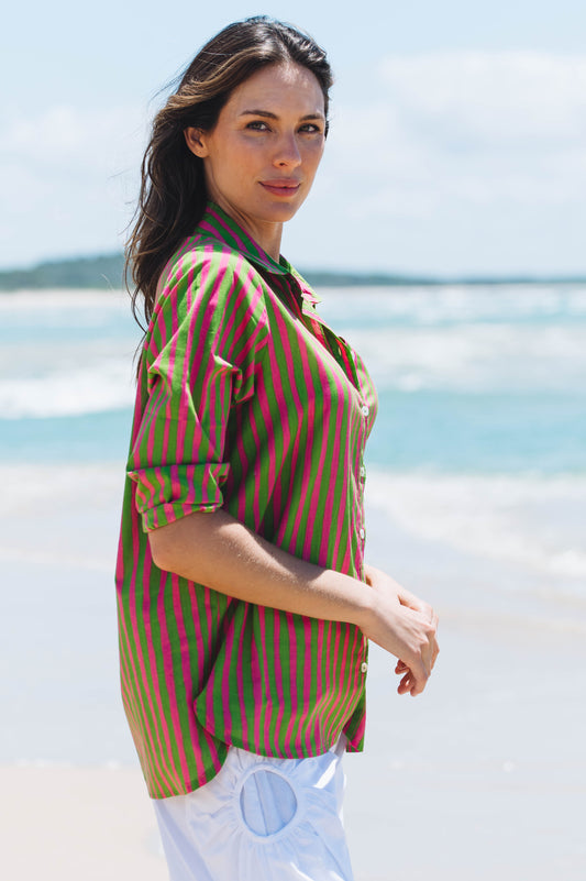 Top Tulum Shirt - Hand Painted Stripe Pink Green