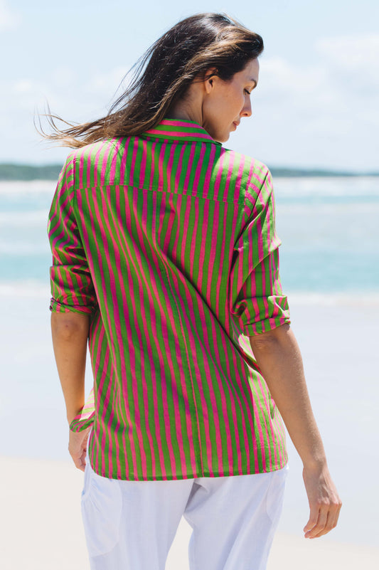 Top Tulum Shirt - Hand Painted Stripe Pink Green