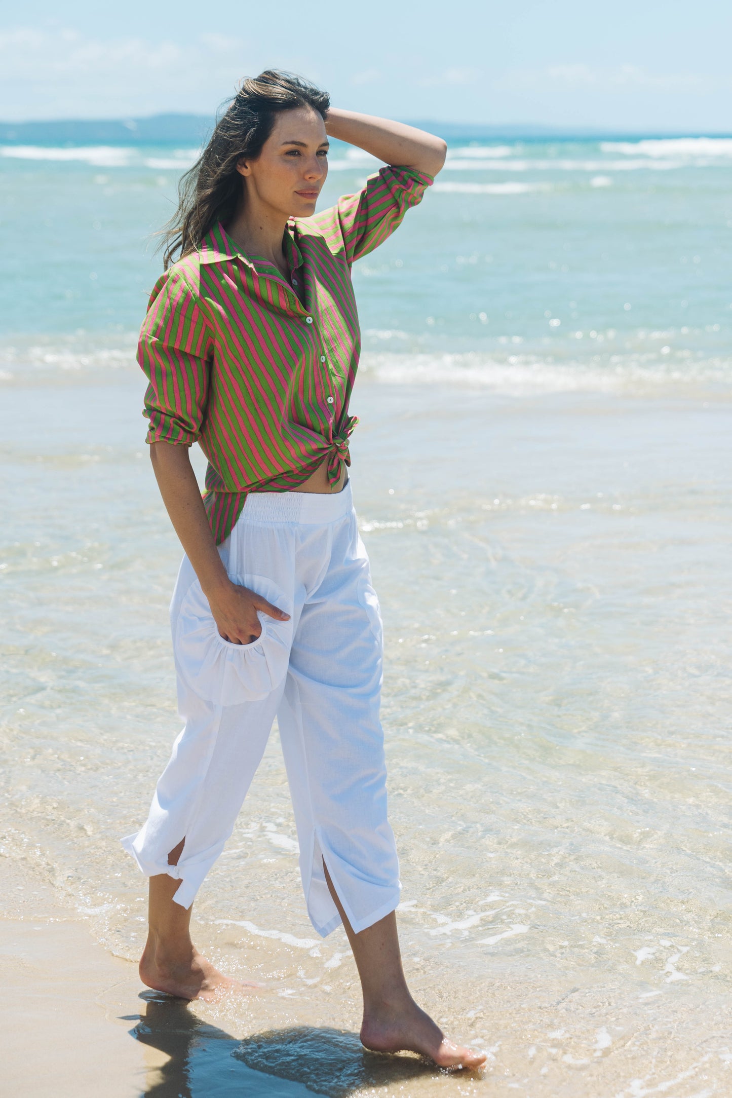 Top Tulum Shirt - Hand Painted Stripe Pink Green