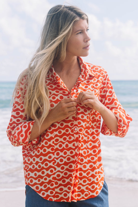 Top Clio Shirt - Anouk Papaya and Ecru Cotton