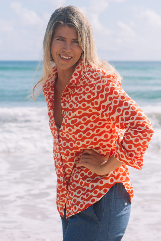 Top Clio Shirt - Anouk Papaya and Ecru Cotton