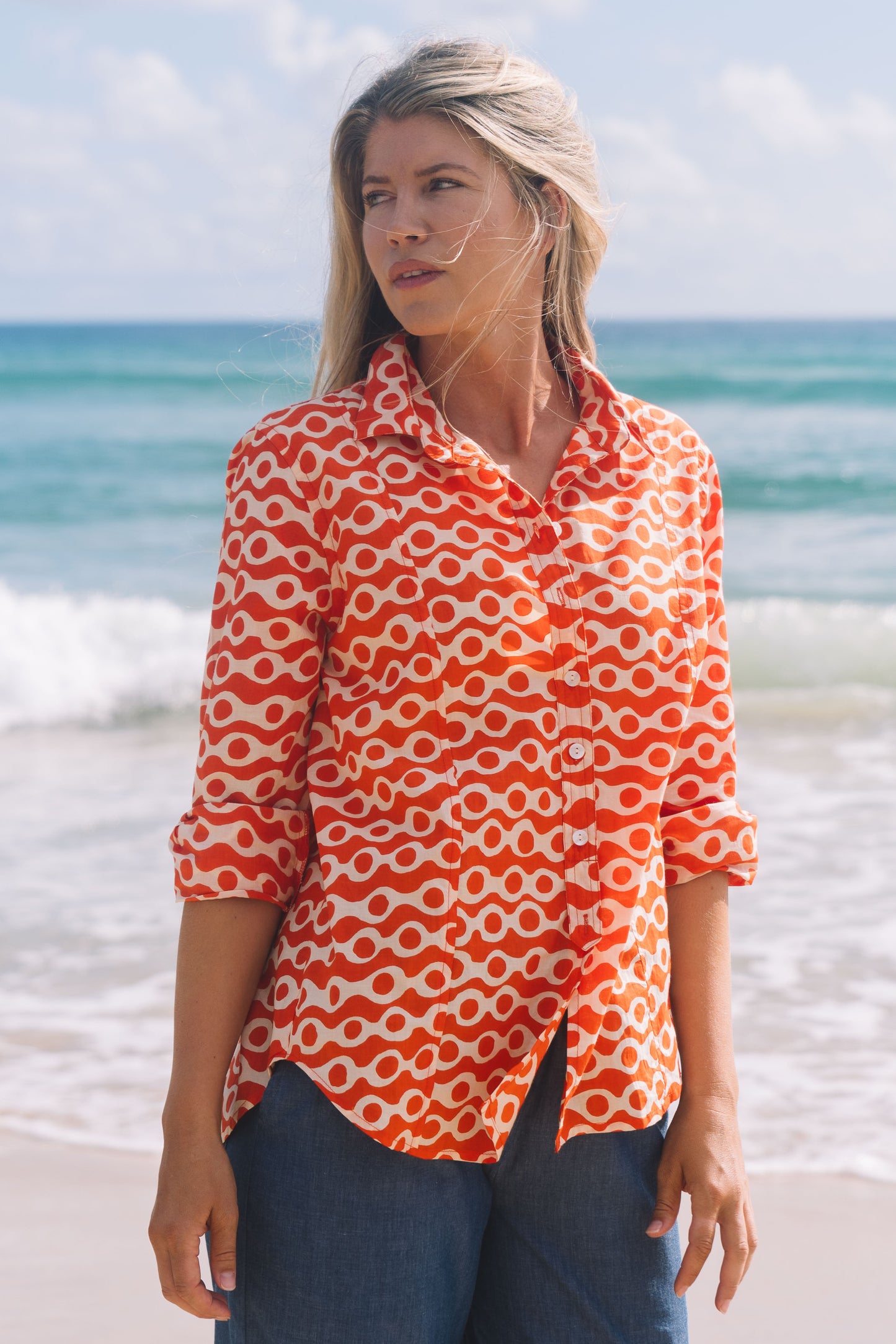 Top Clio Shirt - Anouk Papaya and Ecru Cotton