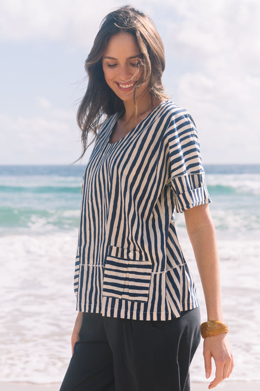 Top Chinta - Hand Painted Stripe Navy Ecru