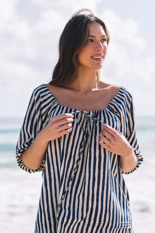 Dress Priya - Hand Painted Stripe Navy Ecru Cotton