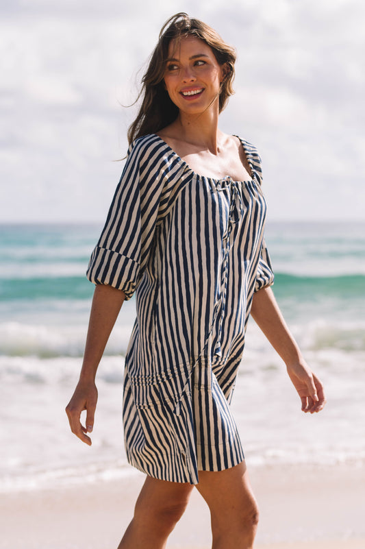 Dress Priya - Hand Painted Stripe Navy Ecru Cotton