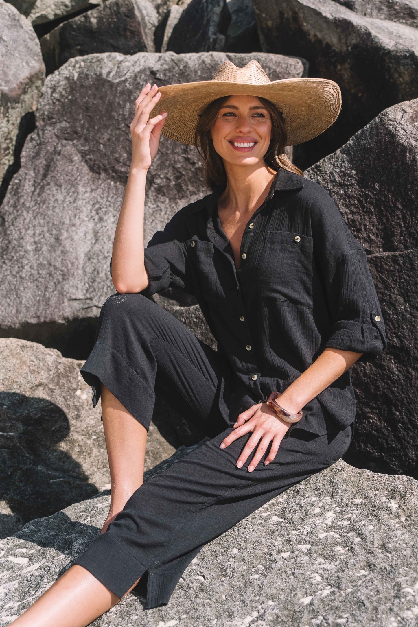 Top Cove Shirt - Black Gauze Textured Cotton