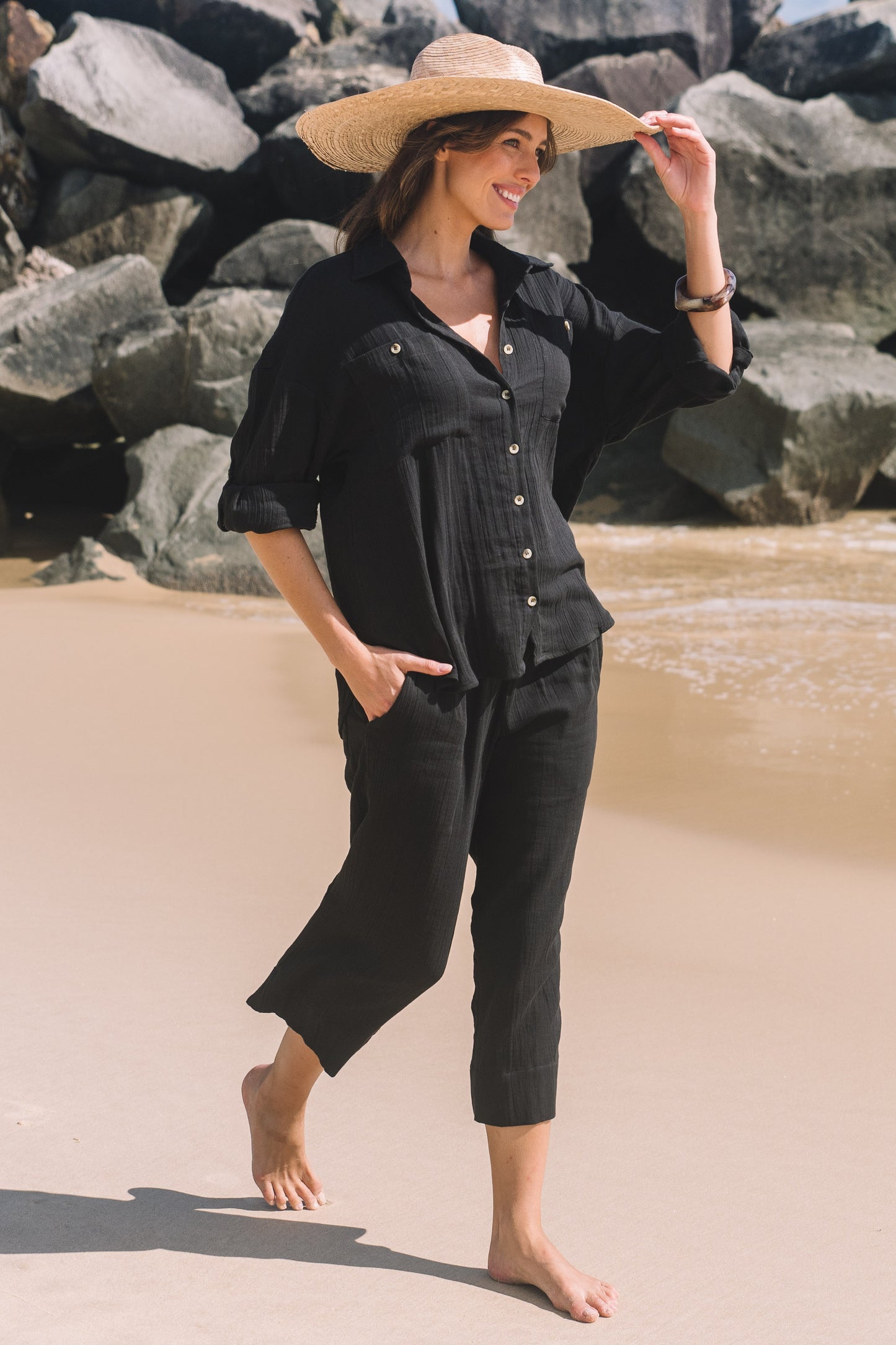 Pant Cove - Black Gauze Textured Cotton
