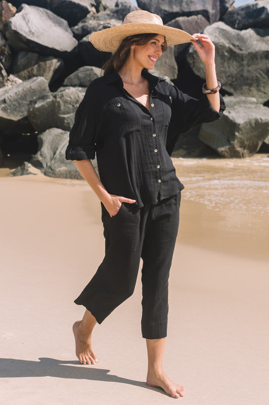 Pant Cove - Black Gauze Textured Cotton