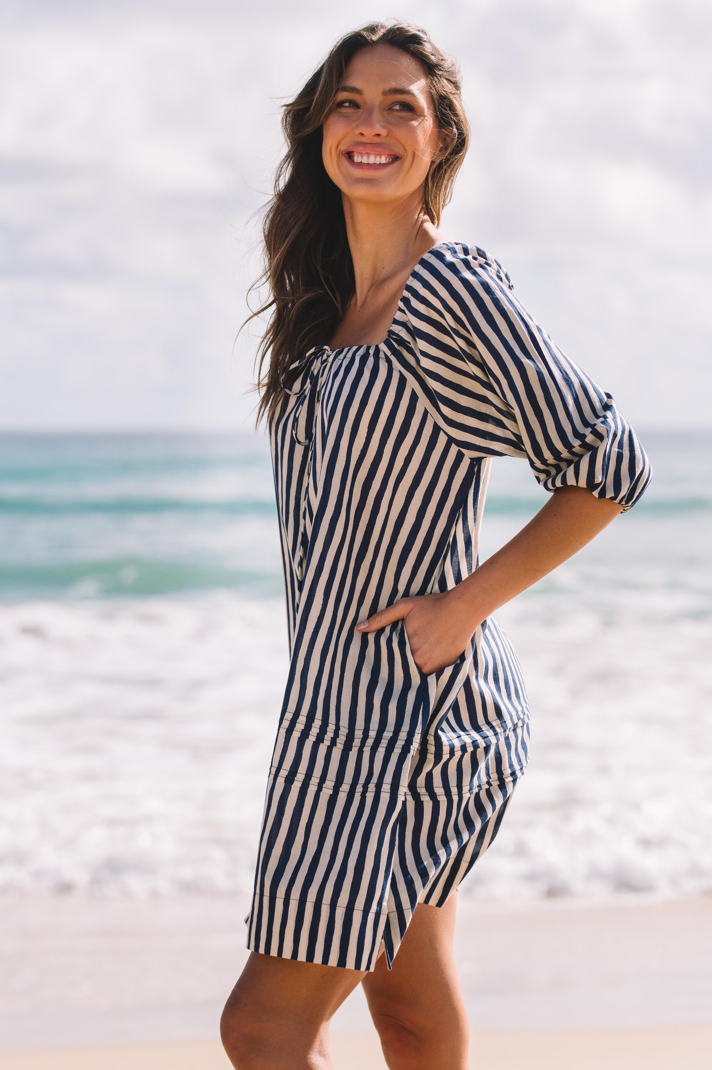 Dress Priya - Hand Painted Stripe Navy Ecru Cotton