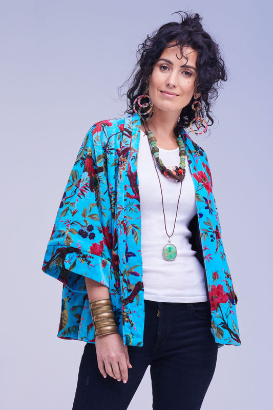 Jacket Kimono Turquoise -  Birds and Flowers