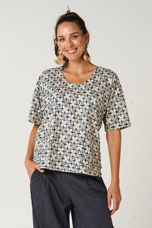 Top Chinta - Mumtaz French Blue and Ecru Cotton Voile