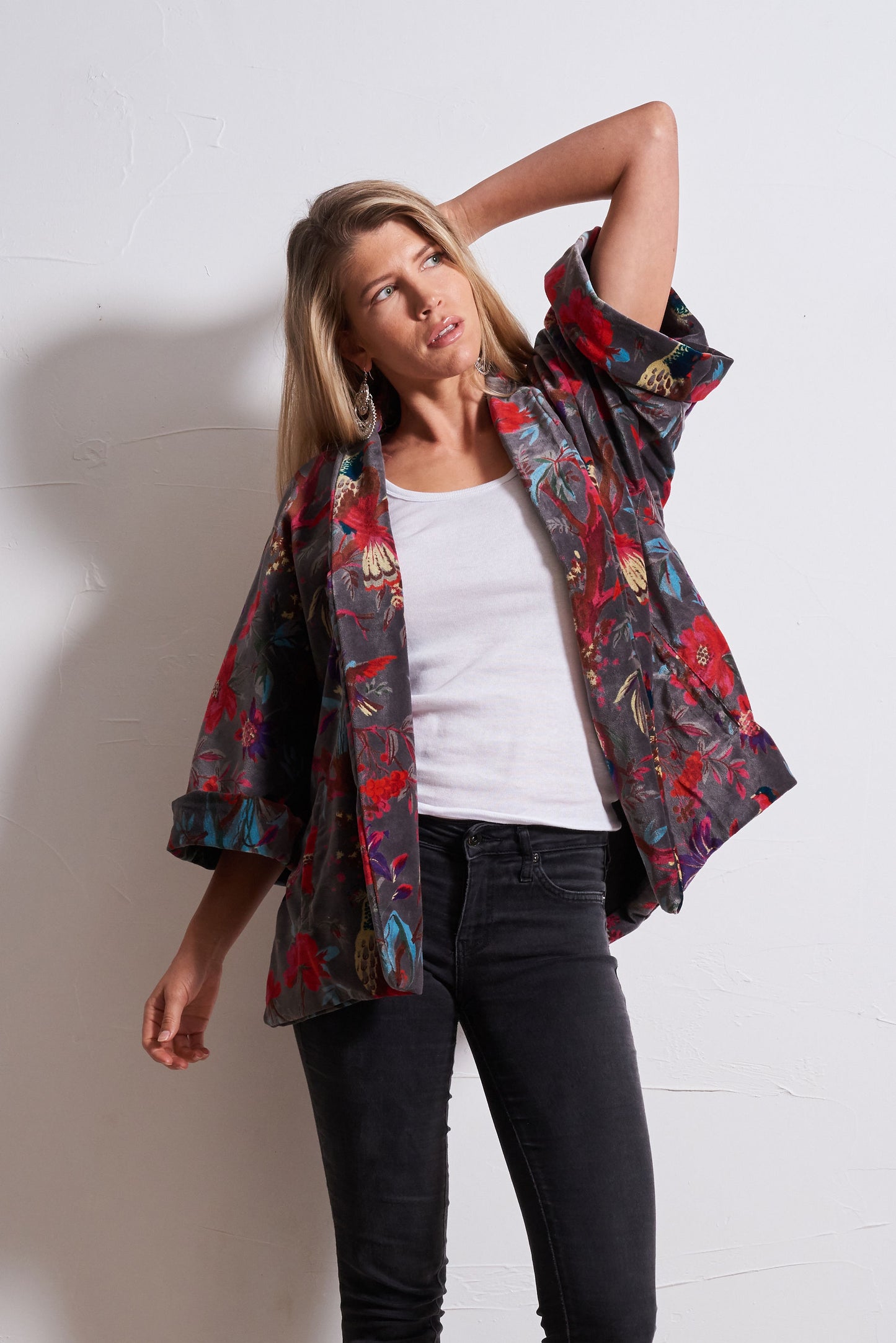 Jacket Kimono  Black - Birds and Flowers